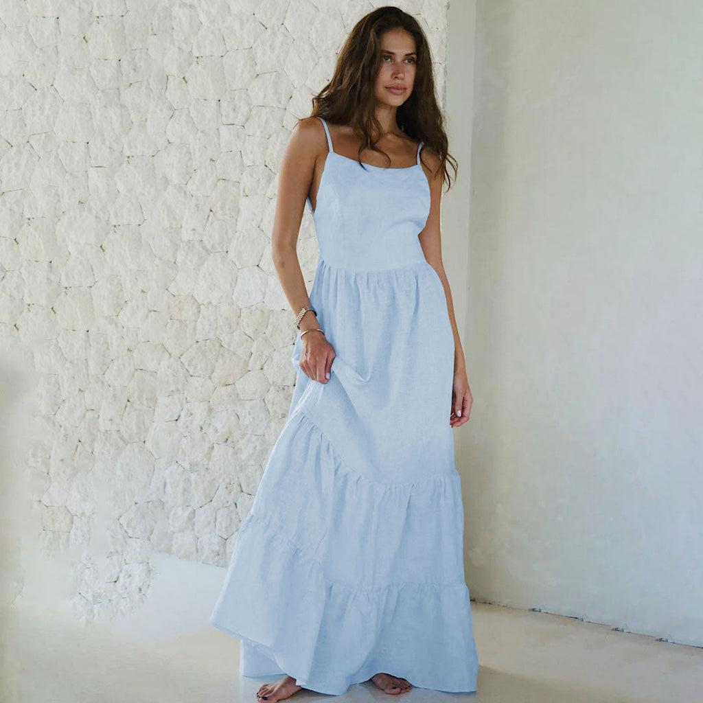 WW | Boho Stil Spaghetti Träger Rückenfrei Gestuft Rüschensäule Urlaubs Maxikleid