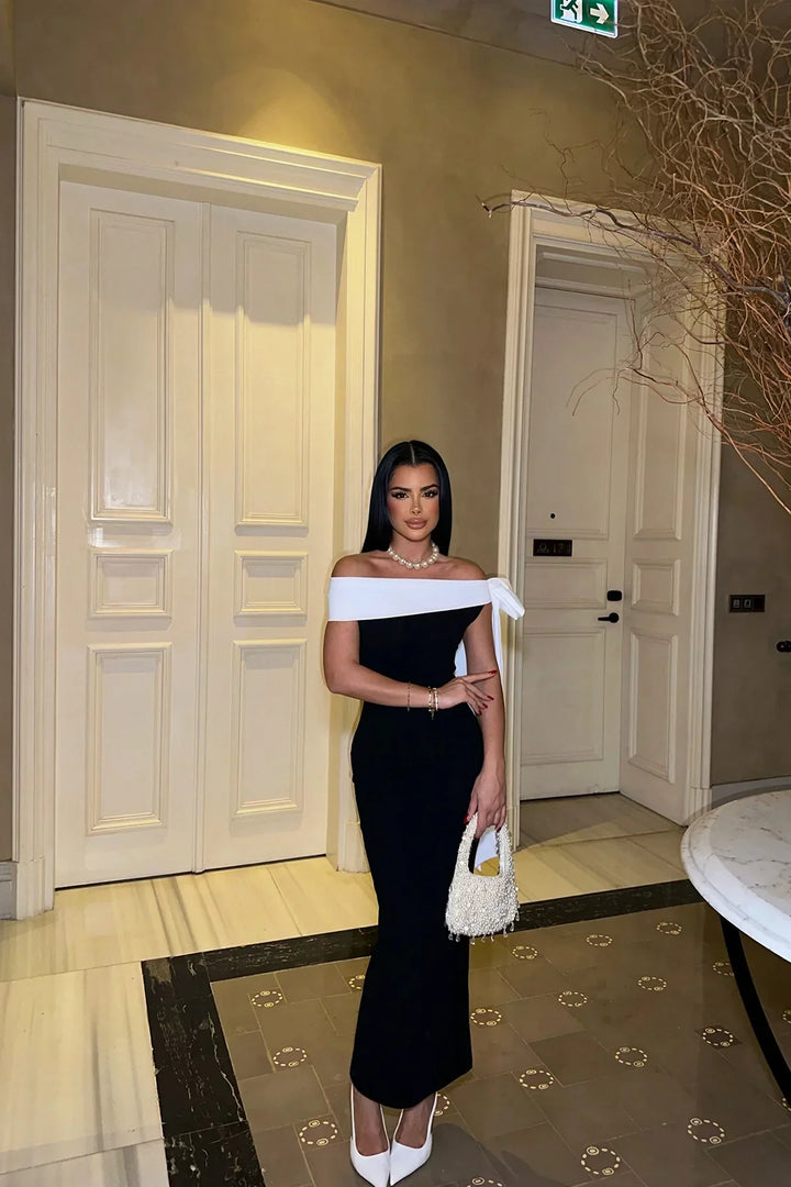 W&W Mode | Elegantes Off Shoulder Midikleid in Schwarz Mit Weiß Schleifendetail