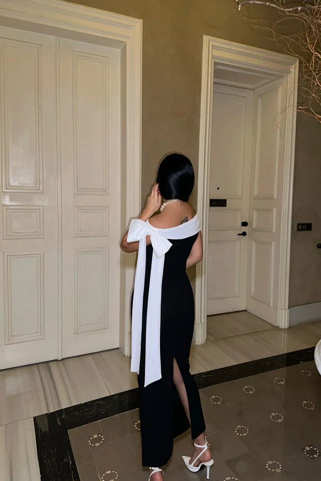 WW | Elegantes Off Shoulder Midikleid in Schwarz Mit Weiß Schleifendetail
