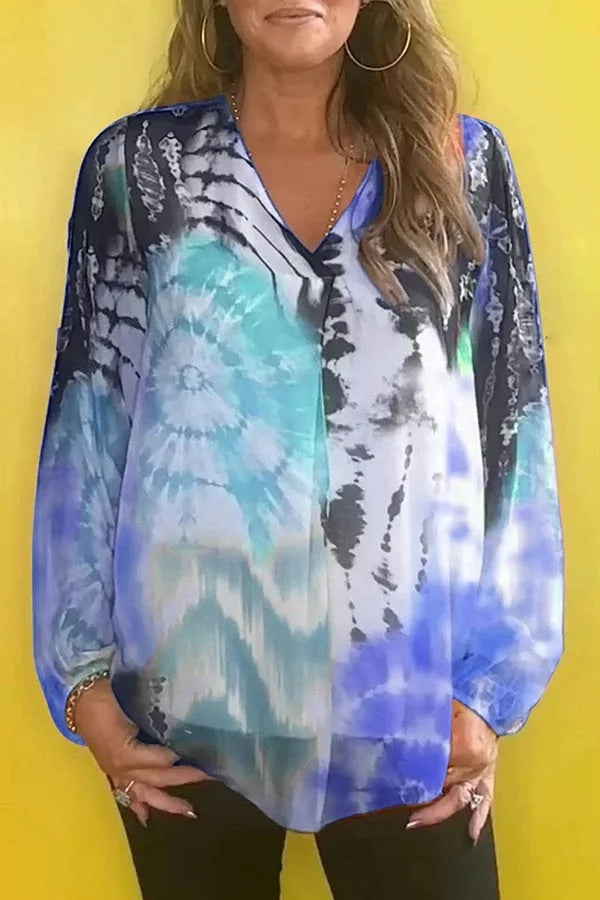 WW | Modisches Gradient Tie-Dye V-Ausschnitt Langarm Freizeithemd