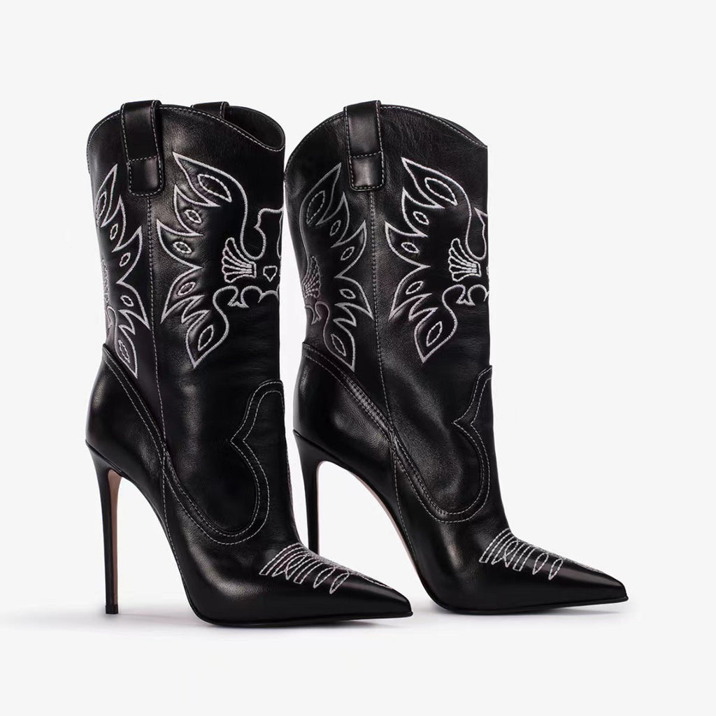 WW | Damenmode Western Denim Stil High Heels Stiefel