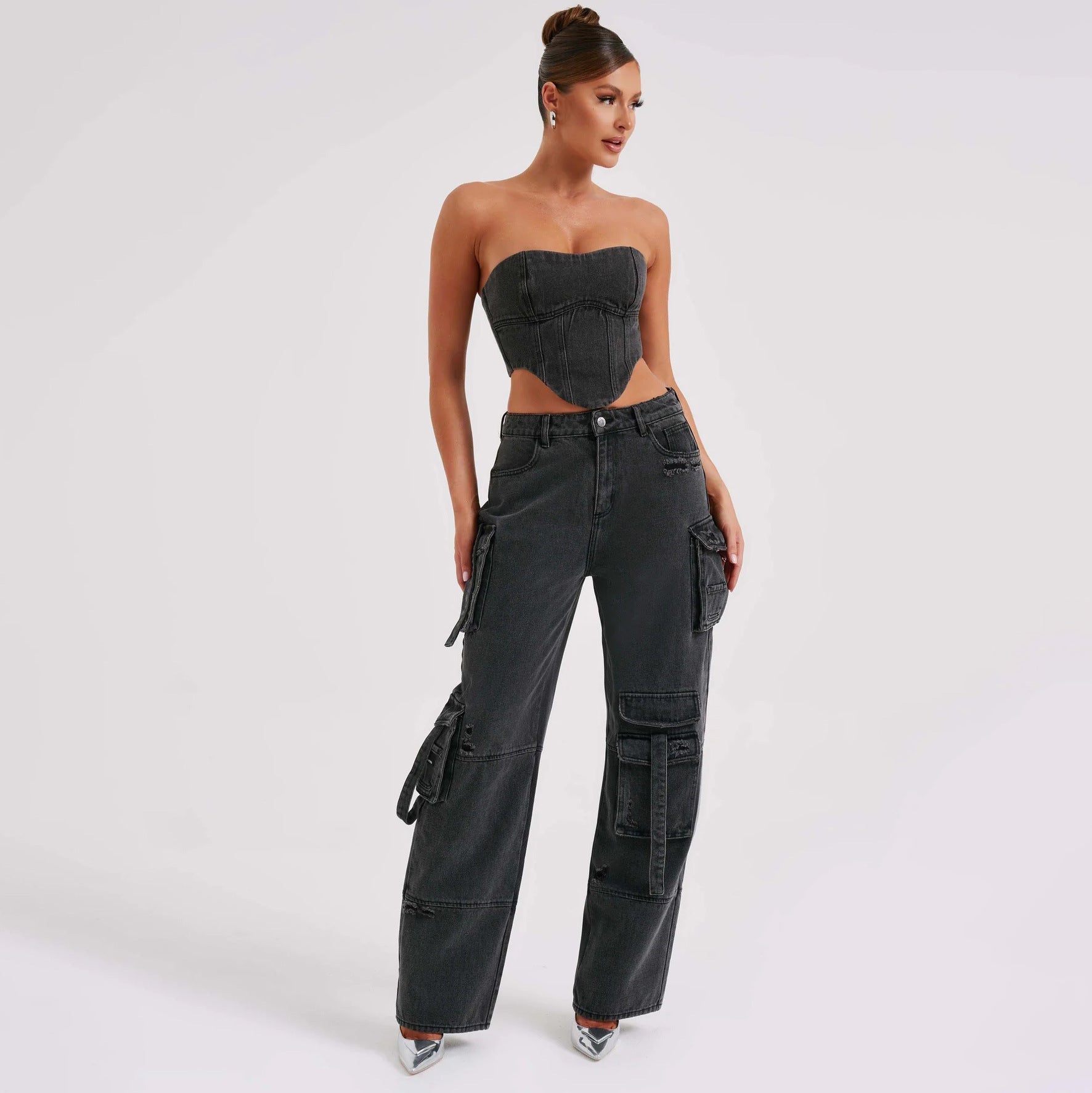 WW | Denim-Anzüge Sommer Sexy Rückenausschnitt Tube Top und Mehrfach-Taschen Gerade Hosen Mode Lange Hosen Anzug Damenbekleidung