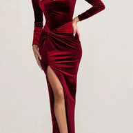 WW | Hollywood Glamour Samt Tief-V-Ausschnitt Langarm Verdrehte Schlitz Stretch Maxi Kleid