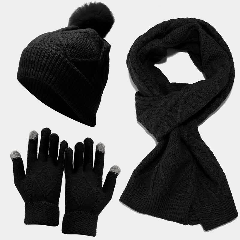 W&W Mode | 3-teiliges gestricktes Accessoire-Set - stylische Damenmütze, Schal und Handschuhe