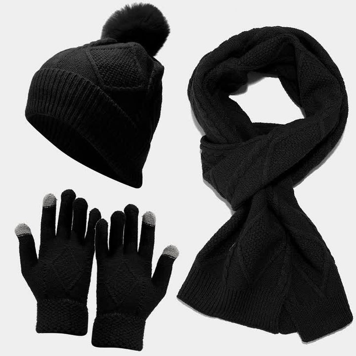 W&W Mode | 3-teiliges gestricktes Accessoire-Set - stylische Damenmütze, Schal und Handschuhe