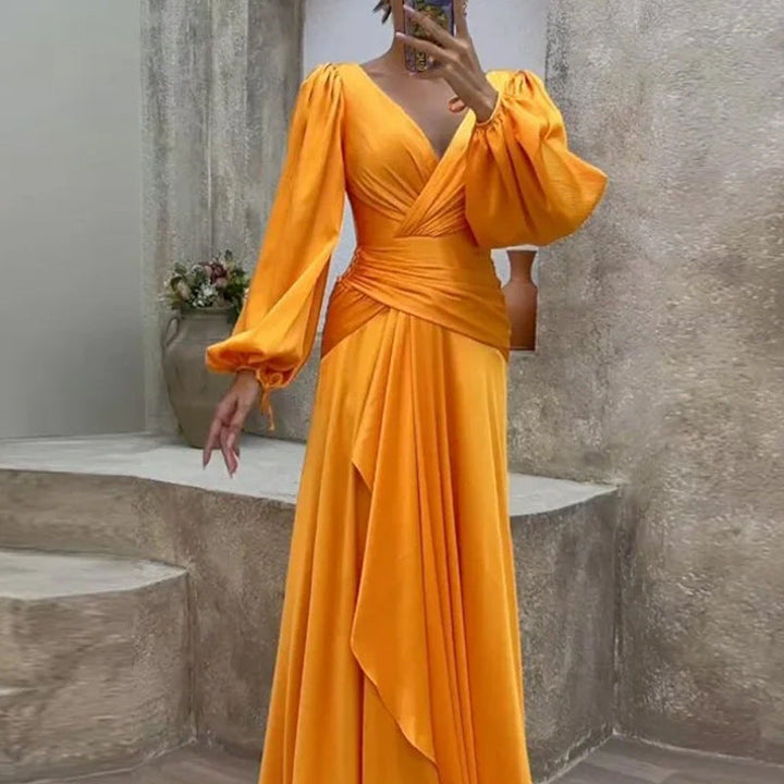 Damen-Plisseekleid mit hoher Taille und langen Ärmeln