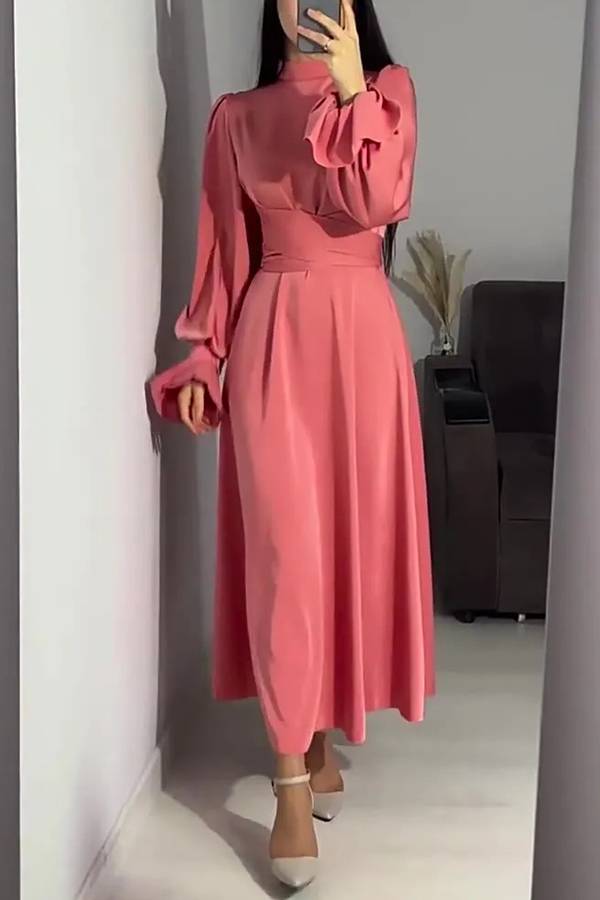 WW | Einfarbiger Rüschensleeve Taillierter Krawatten Slim Fit Maxikleid