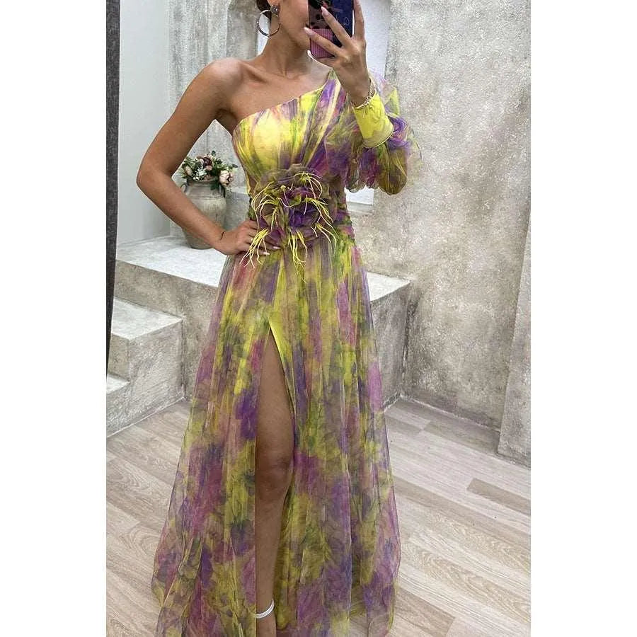WW | Long party dress with off-the-shoulder, split print.