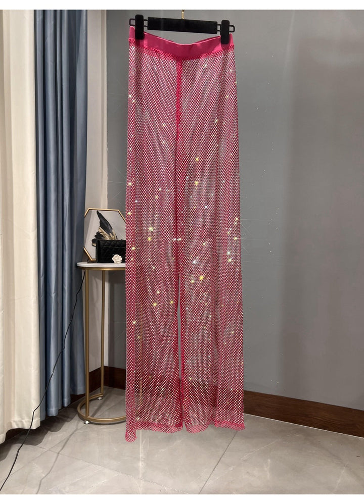 W&W Mode | Rhinestone Gerade Netz Weite Bein Slim Fit Schmeichelnde Mop Hosen