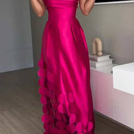 WW | Luxuriös Poise Satin Gespaltenes Mesh-Punkted Stoff Off-Shoulder Formale Maxi-Kleid