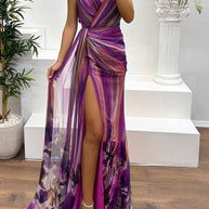 WW | In A Dreamland Chiffon Floral Print Off Shoulder Pleated Scarf Slit Maxi Kleid