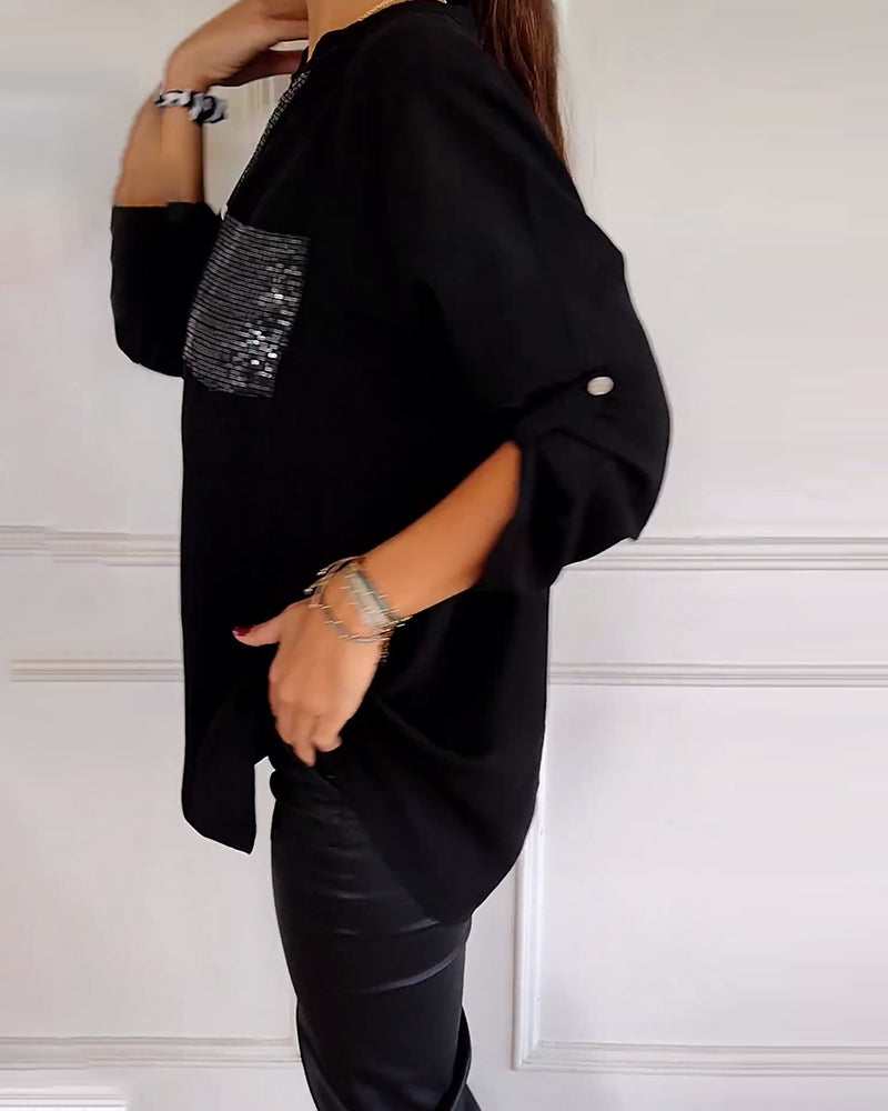 WW - Schicke Bluse mit Knopfleiste und Paillettenbesatz für Damen | Elegante Langarmbluse mit Paillettentasche
