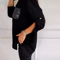 WW - Schicke Bluse mit Knopfleiste und Paillettenbesatz für Damen | Elegante Langarmbluse mit Paillettentasche
