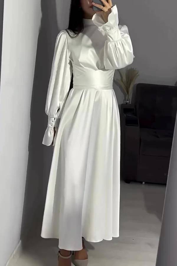 WW | Einfarbiger Rüschensleeve Taillierter Krawatten Slim Fit Maxikleid