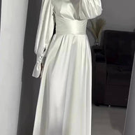 WW | Einfarbiger Rüschensleeve Taillierter Krawatten Slim Fit Maxikleid
