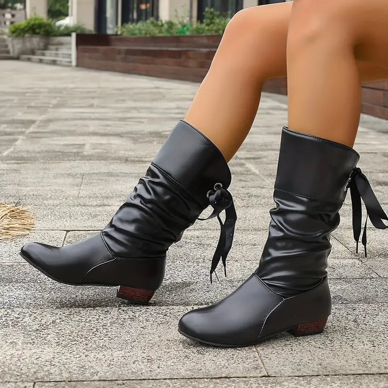 W&W Mode | Trendy Damenstiefel mit Schnürung und Blockabsatz bis zur Wade