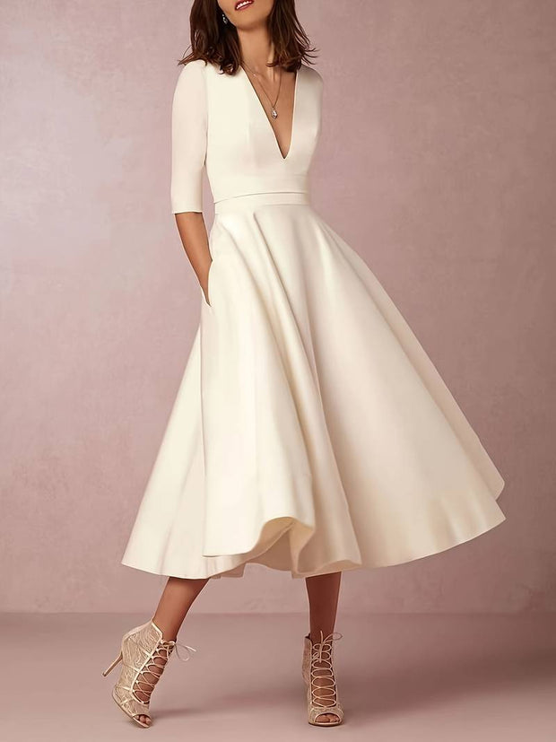 WW | Elegantes Midi-Kleid mit Tiefem V-Ausschnitt für Damen