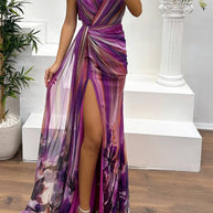 WW | In A Dreamland Chiffon Floral Print Off Shoulder Pleated Scarf Slit Maxi Kleid