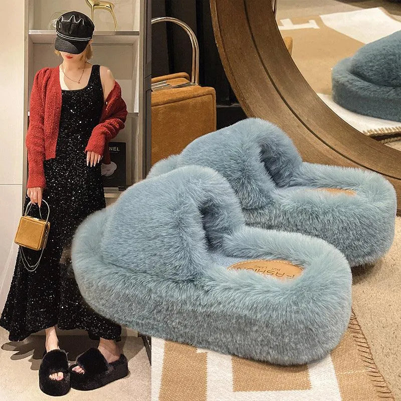 WW | Fluffy slippers with thick sole for women