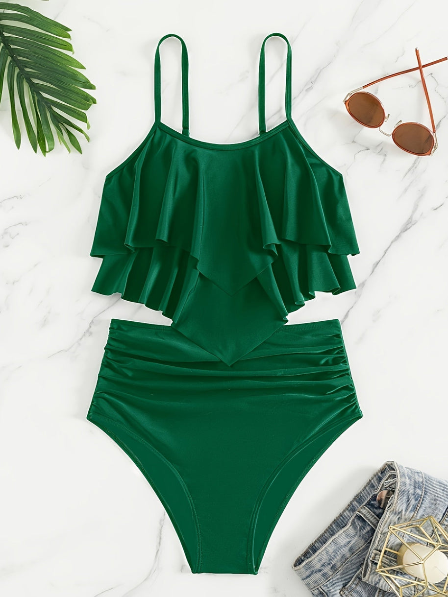 WW | Raffung, Geschichtete Zweiteiliges Schwarzes Tankini für Damen
