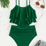 WW | Raffung, Geschichtete Zweiteiliges Schwarzes Tankini für Damen