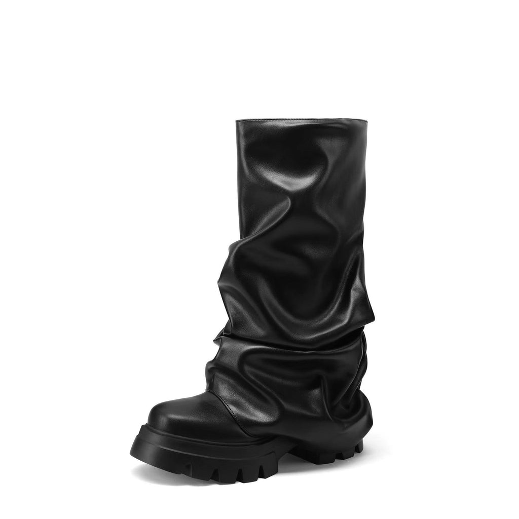WW | Rundkopf Dick Gebunden Gestaltete Sohle Gefaltete Damenstiefel
