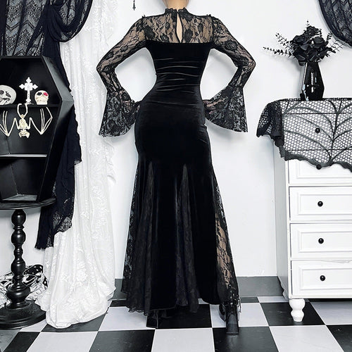 WW | Elegantes, durchsichtiges, schmal geschnittenes Kleid aus dunkler Spitze