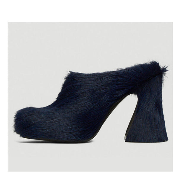 WW | Geschlossene Zehe Rosshaar Chunky Heel Wasserdichte Plattform Slipper