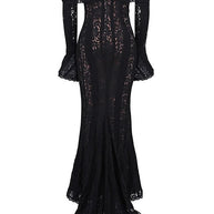 WW | Blumen Spitze Off Shoulder Flare Ärmel Fishtail Maxi Kleider - Weiß