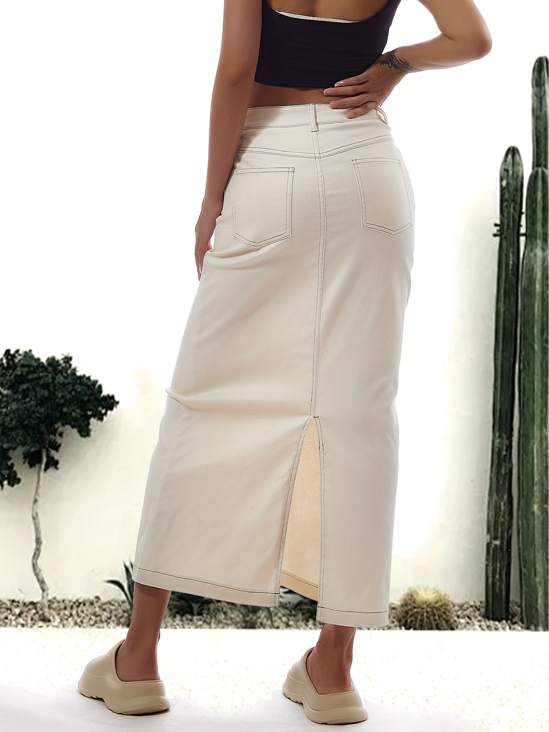 W&W Mode | Einfarbiger Weißer Schlitz Hinten Lässig Maxi Denim Rock