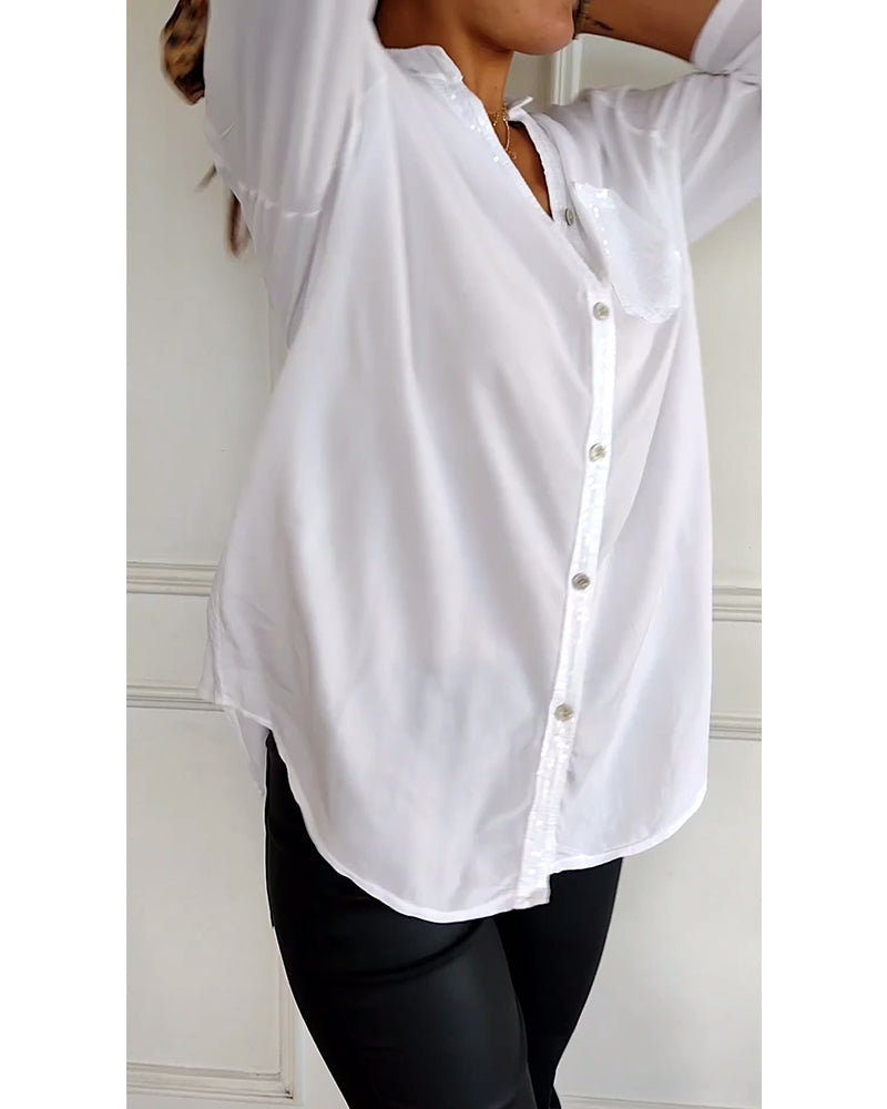 WW - Schicke Bluse mit Knopfleiste und Paillettenbesatz für Damen | Elegante Langarmbluse mit Paillettentasche