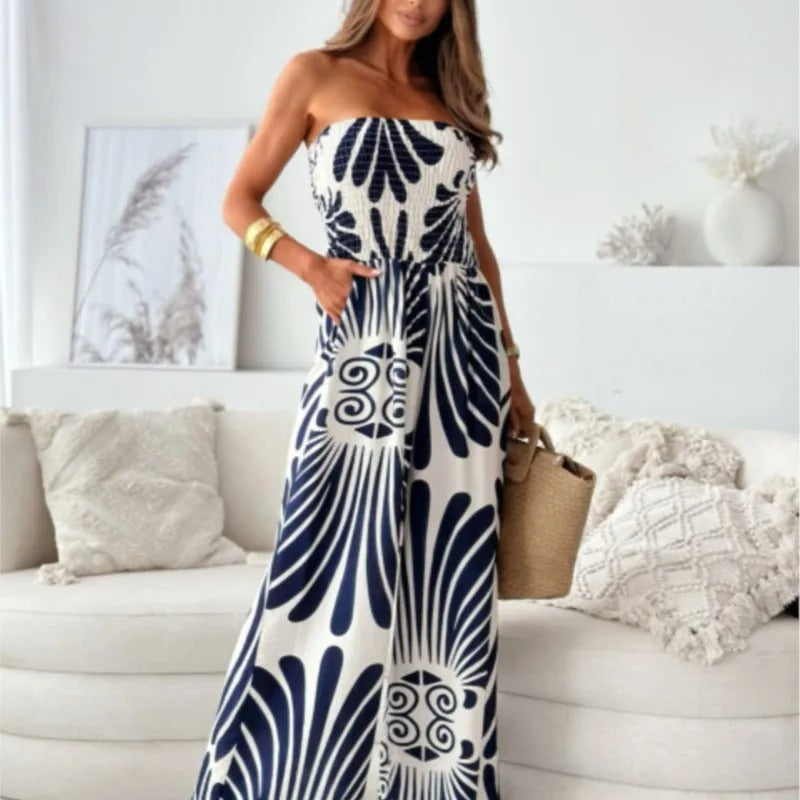 Schulterfreier Jumpsuit mit weitem Bein