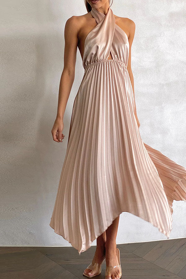 WW | Gina Satin Halterneck Plissierter Midi Kleid