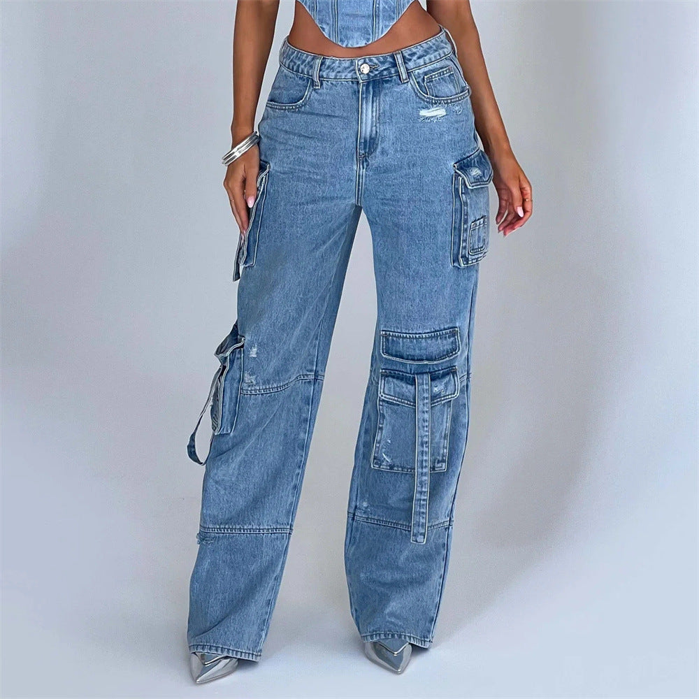 WW | Denim-Anzüge Sommer Sexy Rückenausschnitt Tube Top und Mehrfach-Taschen Gerade Hosen Mode Lange Hosen Anzug Damenbekleidung