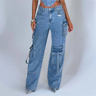 WW | Denim-Anzüge Sommer Sexy Rückenausschnitt Tube Top und Mehrfach-Taschen Gerade Hosen Mode Lange Hosen Anzug Damenbekleidung