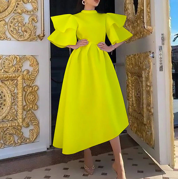 Damen Midikleid mit Stehkragen, hoher Taille und Trompetenärmeln