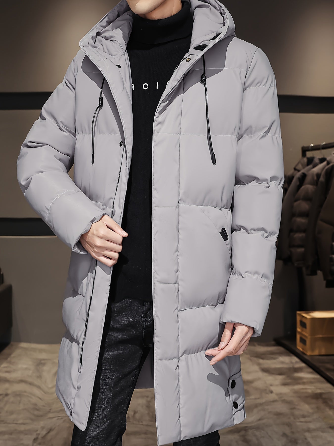 WW |  Schwarze Gepolsterte Lange Jacke Mit Kapuze Baumwoll Winterjacke Für Herren - Perfekt für Outdoor Aktivitäten