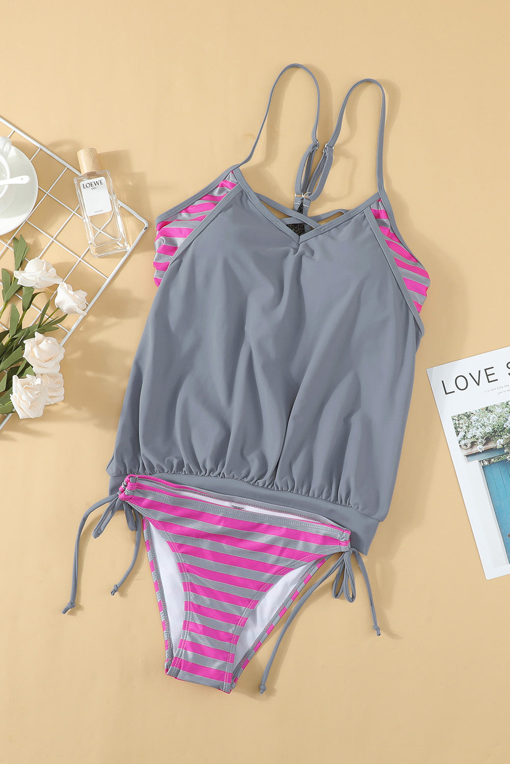 WW | Kreuzschraffiertes Spaghetti-Trägertop Tankini Set