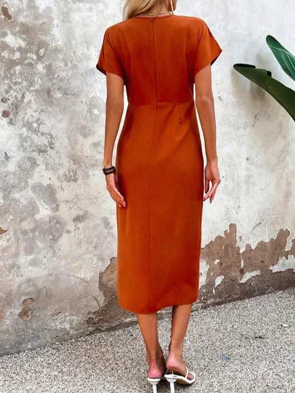 Damen orangefarbenes Midikleid mit V-Ausschnitt