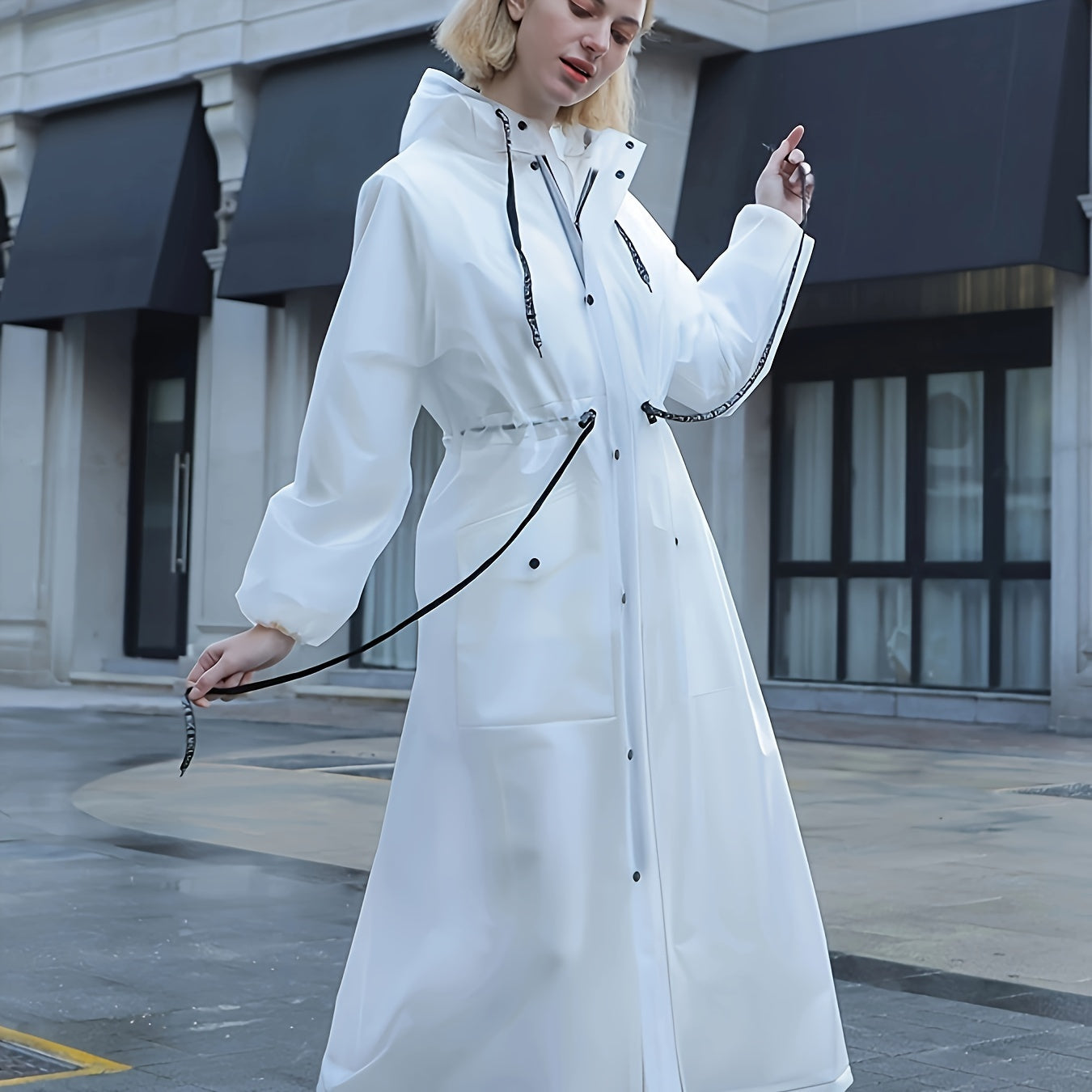 WW | Wasserdichte Damen Lange Regenjacke Mit Kapuze in Weiß