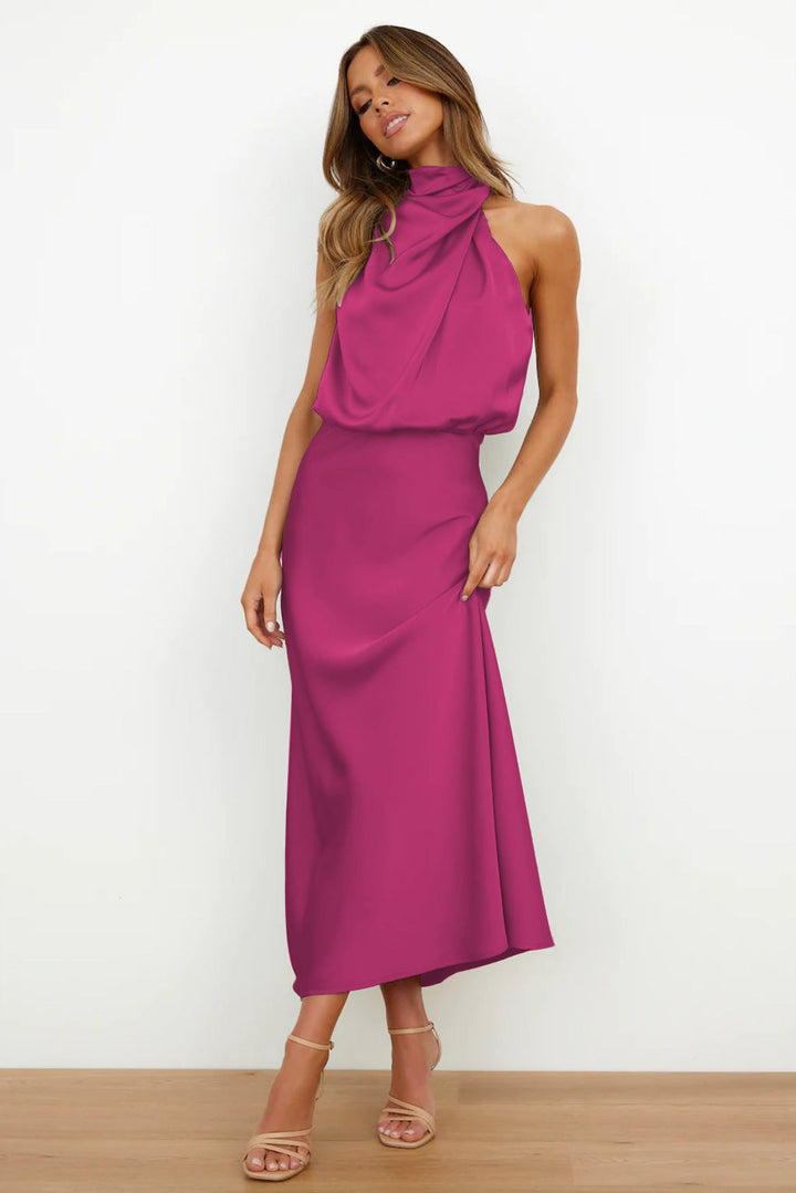 W&W Mode | Langes Satinkleid Mit Neckholder Ausschnitt Elegant, Fließend & Ideal Für Besondere Anlässe