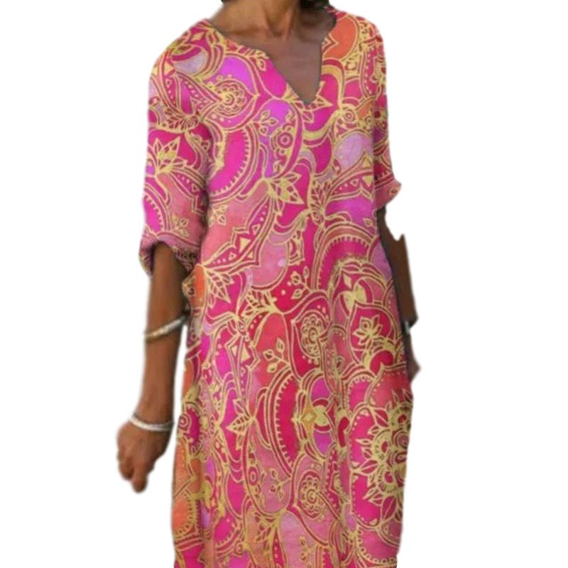 WW | Lässiges Farbenfrohes Paisley-Inspiriertes Kleid mit Dreiviertelärmeln und V-Ausschnitt