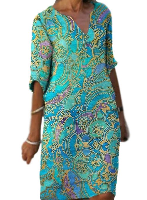 WW | Lässiges Farbenfrohes Paisley-Inspiriertes Kleid mit Dreiviertelärmeln und V-Ausschnitt