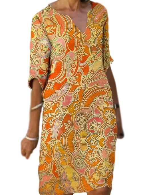 WW | Lässiges Farbenfrohes Paisley-Inspiriertes Kleid mit Dreiviertelärmeln und V-Ausschnitt