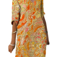 WW | Lässiges Farbenfrohes Paisley-Inspiriertes Kleid mit Dreiviertelärmeln und V-Ausschnitt