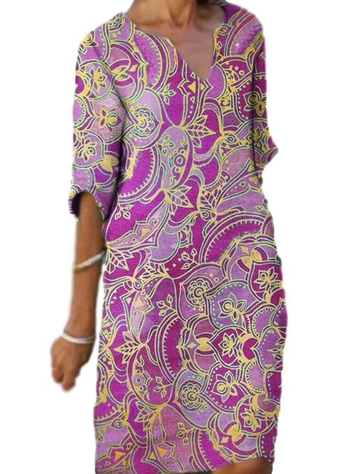 WW | Lässiges Farbenfrohes Paisley-Inspiriertes Kleid mit Dreiviertelärmeln und V-Ausschnitt