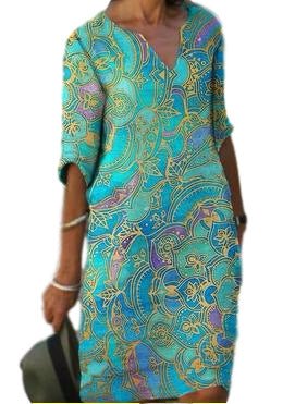 WW | Lässiges Farbenfrohes Paisley-Inspiriertes Kleid mit Dreiviertelärmeln und V-Ausschnitt