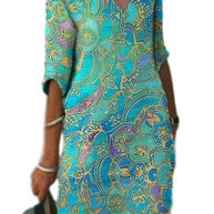 WW | Lässiges Farbenfrohes Paisley-Inspiriertes Kleid mit Dreiviertelärmeln und V-Ausschnitt