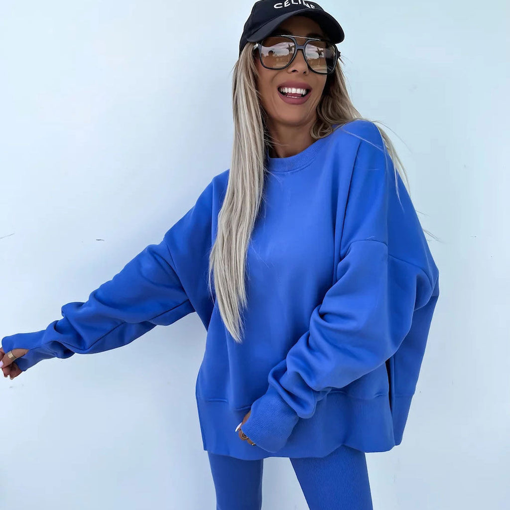 WW | Lässiges Übergroßes Rundhals Sweatshirt Hohe Taillen Jogginghose Passendes Satz