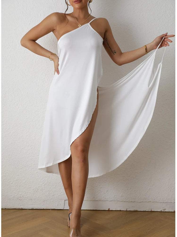 WW | One-Shoulder Maxi Kleid Asymmetrischer Schnitt High-Low Saum Elegante Fließende Passform